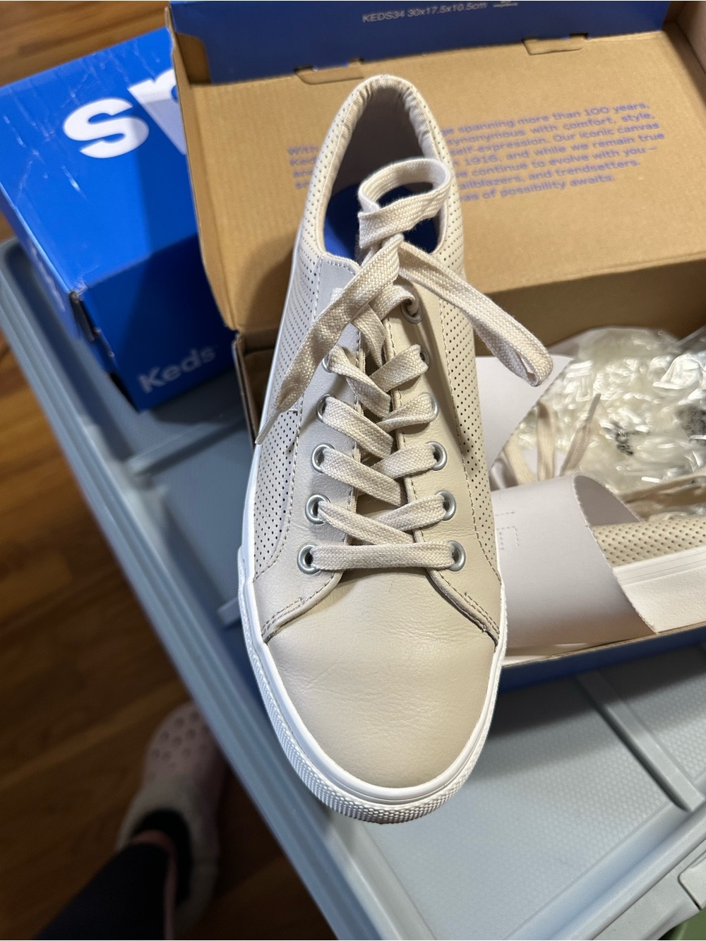 Beige Leather Perforated Lace-Up Sneaker